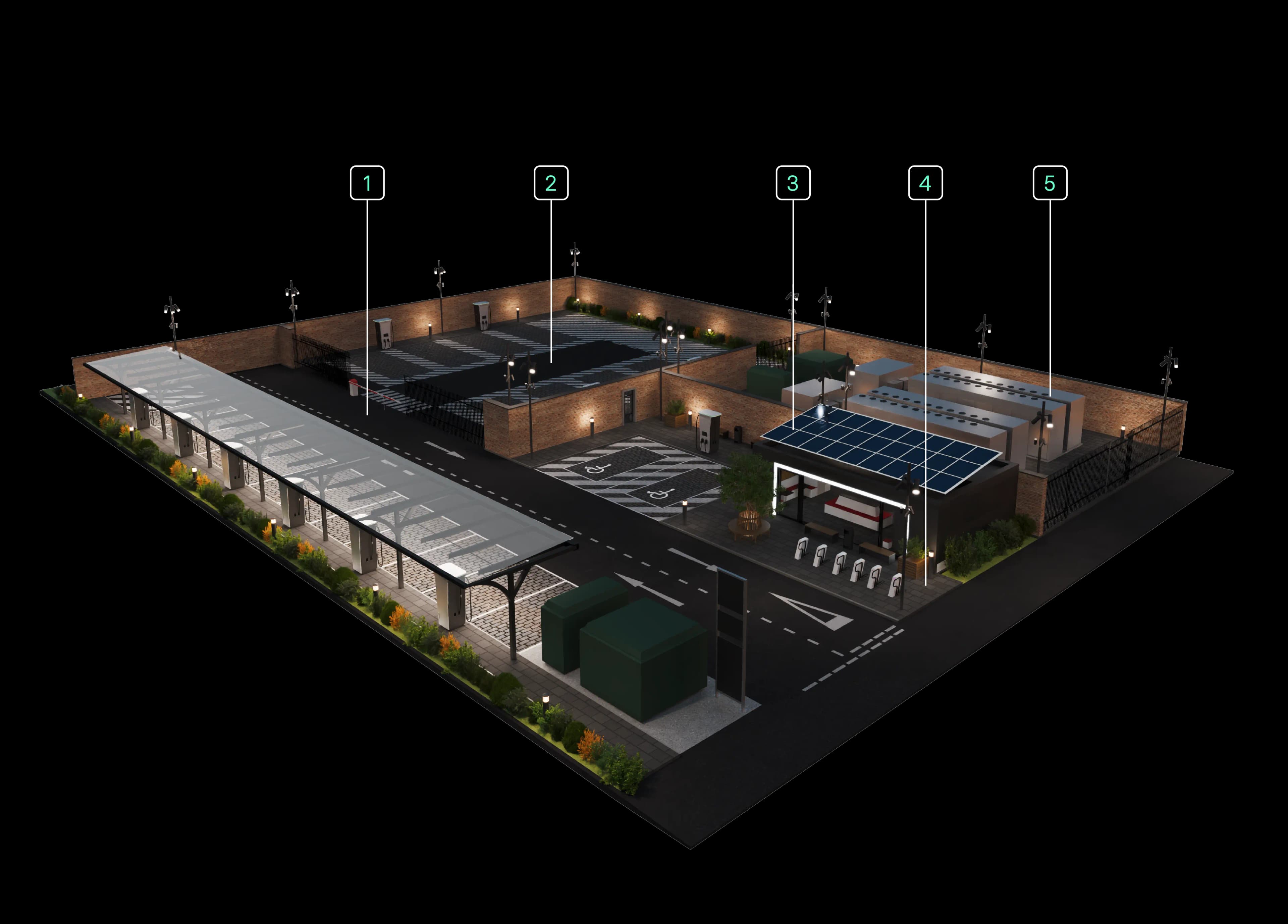 Isometric view of an autonomous fleet depot with commercial parking, maintenance bays, solar charging canopy, battery storage, and micro-mobility access